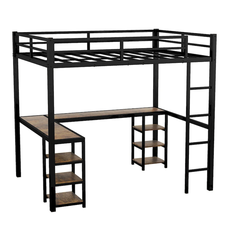 Black Full XL Metal Loft Bed with Desk, Shelves, Ladder, and Guardrails