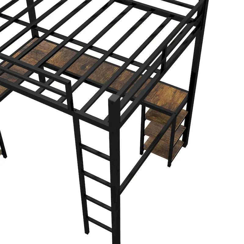 Black Full XL Metal Loft Bed with Desk, Shelves, Ladder, and Guardrails