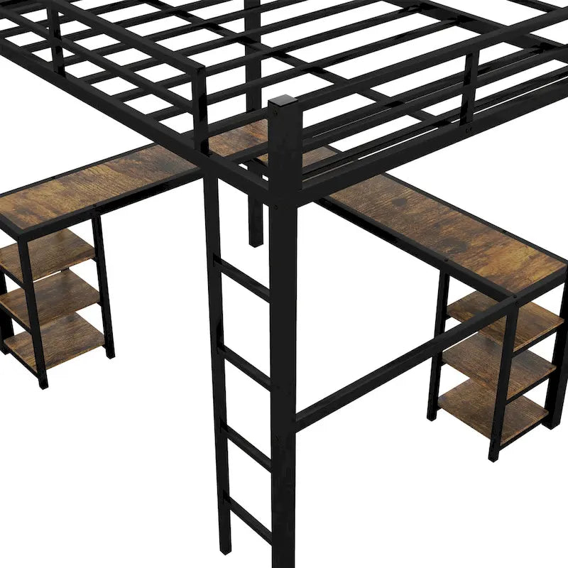 Black Full XL Metal Loft Bed with Desk, Shelves, Ladder, and Guardrails