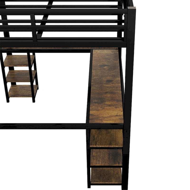 Black Full XL Metal Loft Bed with Desk, Shelves, Ladder, and Guardrails