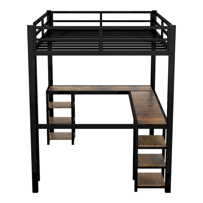 Black Full XL Metal Loft Bed with Desk, Shelves, Ladder, and Guardrails