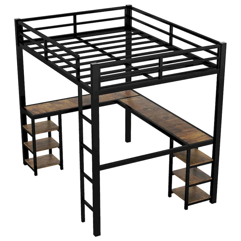 Black Full XL Metal Loft Bed with Desk, Shelves, Ladder, and Guardrails