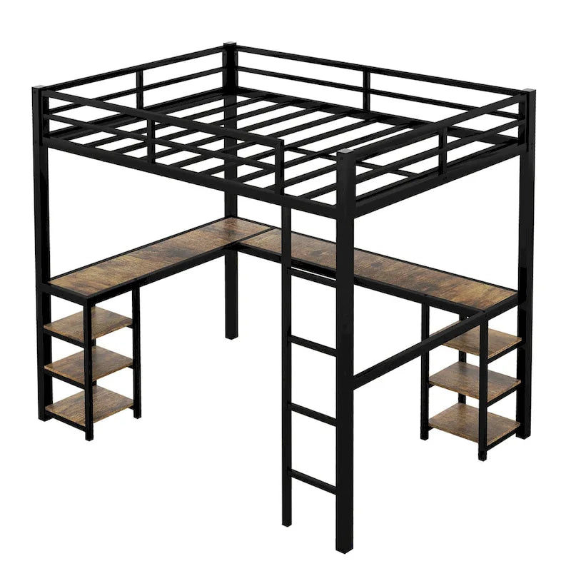 Black Full XL Metal Loft Bed with Desk, Shelves, Ladder, and Guardrails
