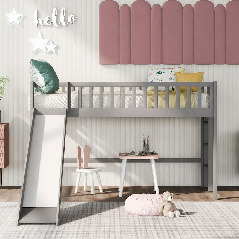 Gray Twin House Platform Bed with Sturdy Triangle Structure for Kids