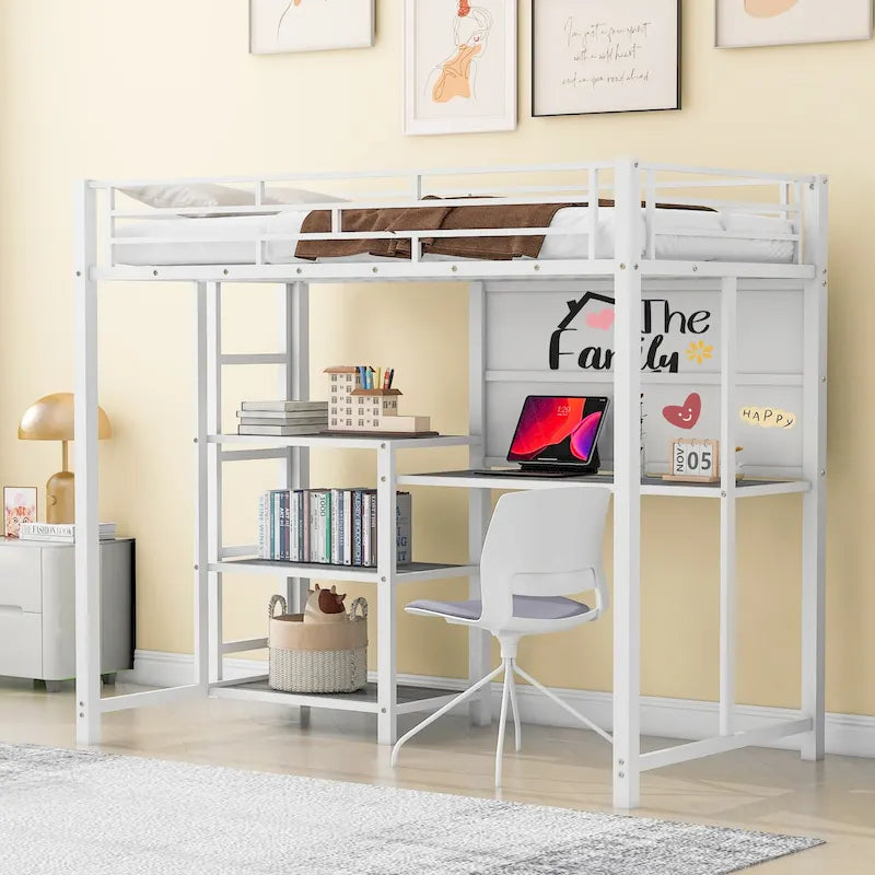 Twin Metal Loft Bed with Desk, Whiteboard, Shelves, and Ladder