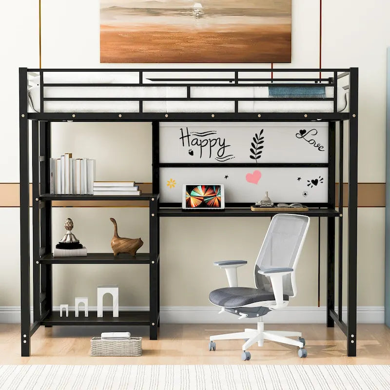 Twin Size Metal Loft Bed with Desk, Whiteboard, Shelves, and Ladder