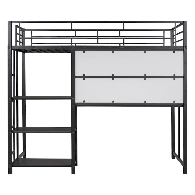Twin Metal Loft Bed with Desk, Whiteboard, Shelves, and Ladder