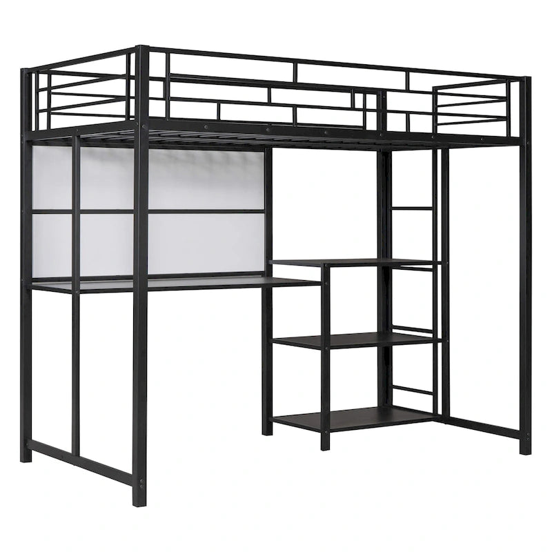 Twin Metal Loft Bed with Desk, Whiteboard, Shelves, and Ladder