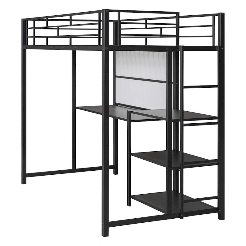 Twin Metal Loft Bed with Desk, Whiteboard, Shelves, and Ladder