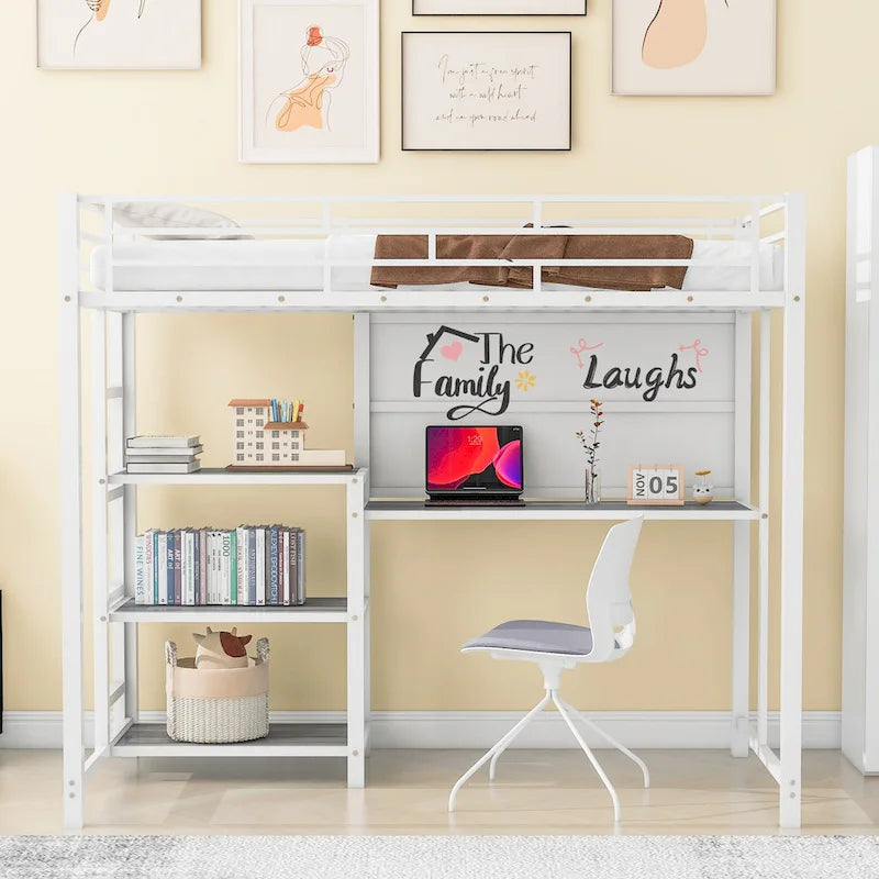 Twin Metal Loft Bed with Desk, Whiteboard, Shelves, and Ladder