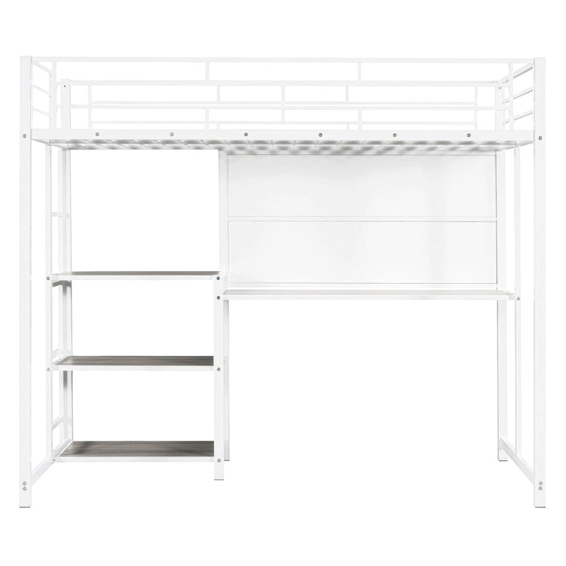 Twin Metal Loft Bed with Desk, Whiteboard, Shelves, and Ladder