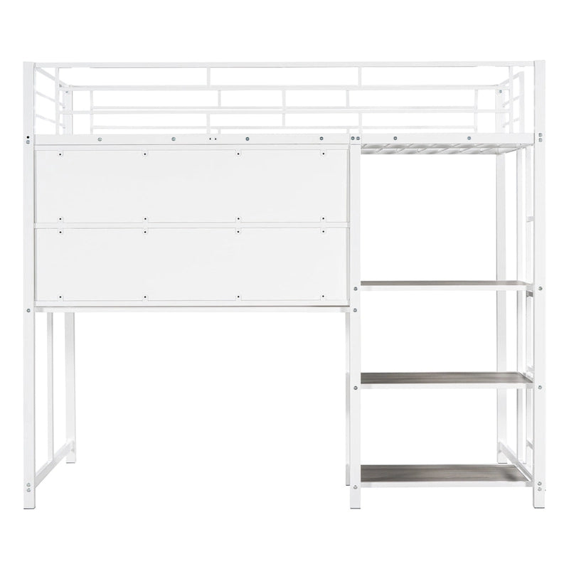 Twin Metal Loft Bed with Desk, Whiteboard, Shelves, and Ladder