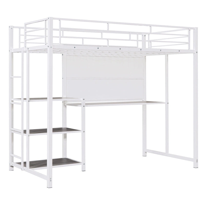Twin Metal Loft Bed with Desk, Whiteboard, Shelves, and Ladder