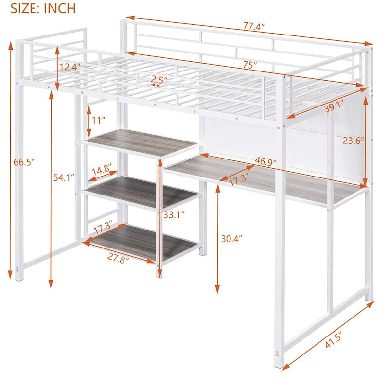 Twin Metal Loft Bed with Desk, Whiteboard, Shelves, and Ladder