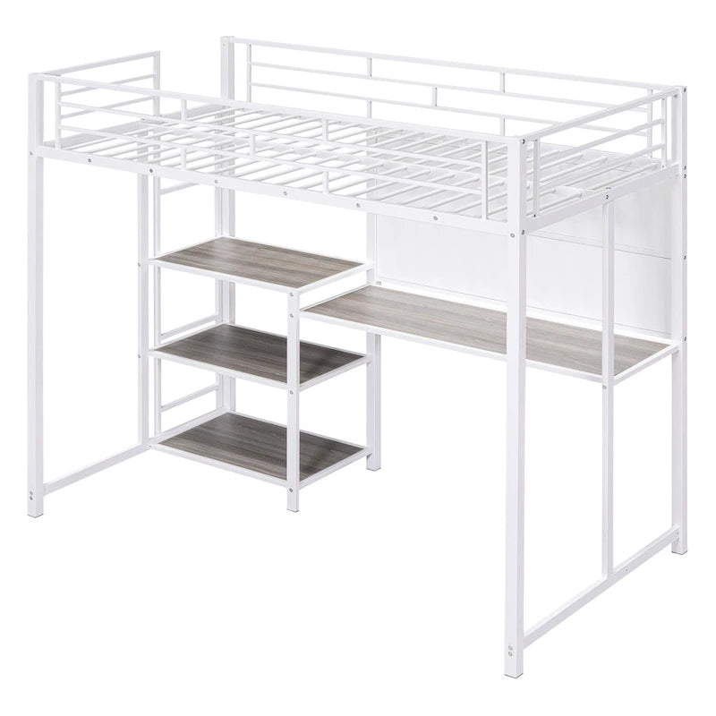 Twin Metal Loft Bed with Desk, Whiteboard, Shelves, and Ladder
