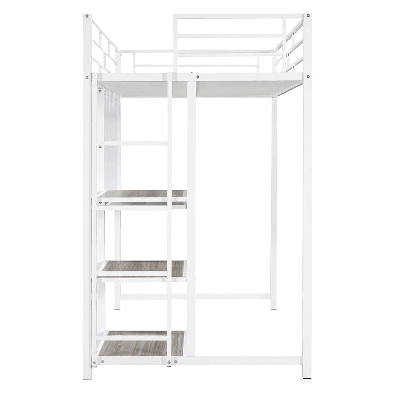 Twin Metal Loft Bed with Desk, Whiteboard, Shelves, and Ladder