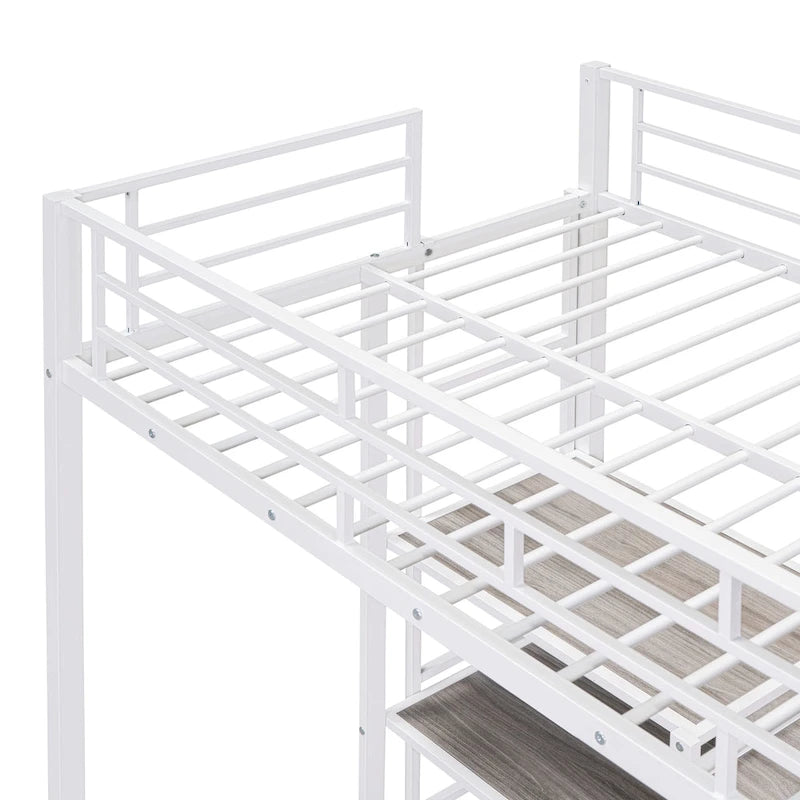 Twin Metal Loft Bed with Desk, Whiteboard, Shelves, and Ladder