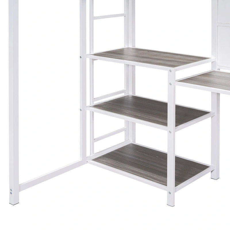 Twin Metal Loft Bed with Desk, Whiteboard, Shelves, and Ladder