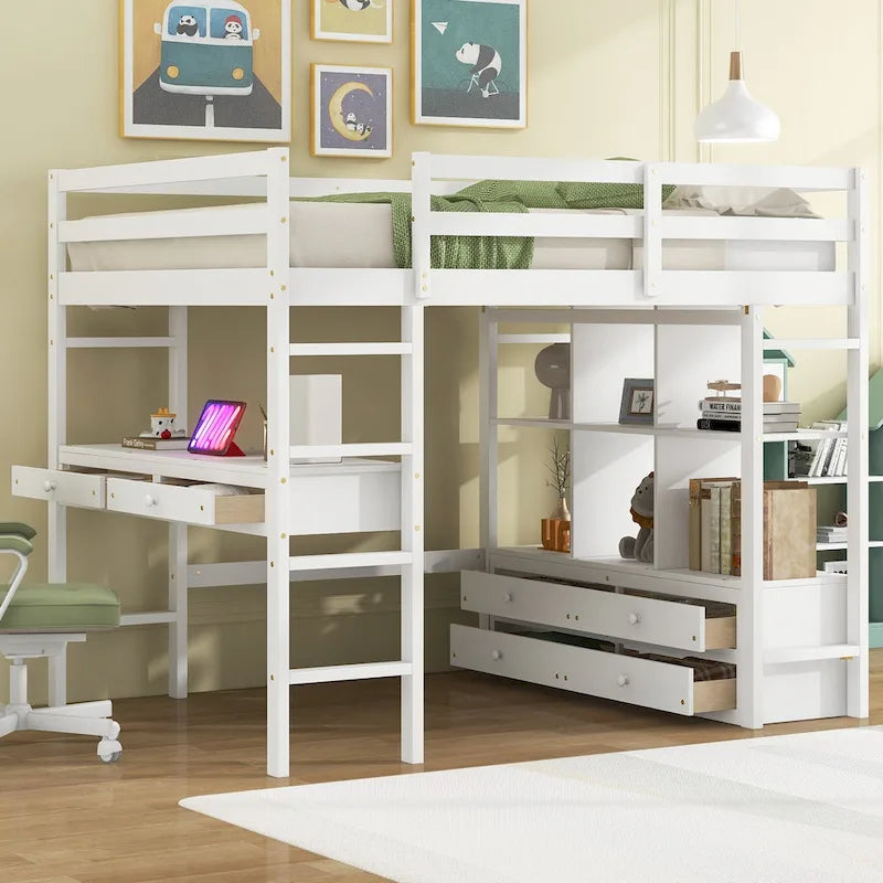 White Full Pine Wood Loft Bed with Desk, Drawers, and Storage