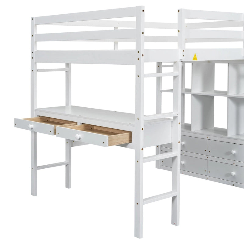 White Full Pine Wood Loft Bed with Desk, Drawers, and Storage