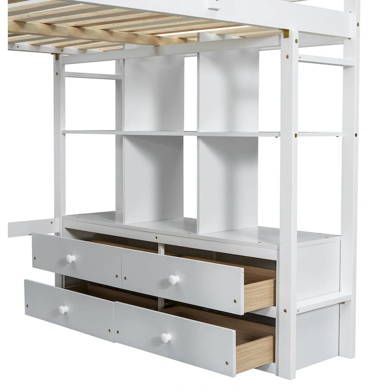 White Full Pine Wood Loft Bed with Desk, Drawers, and Storage