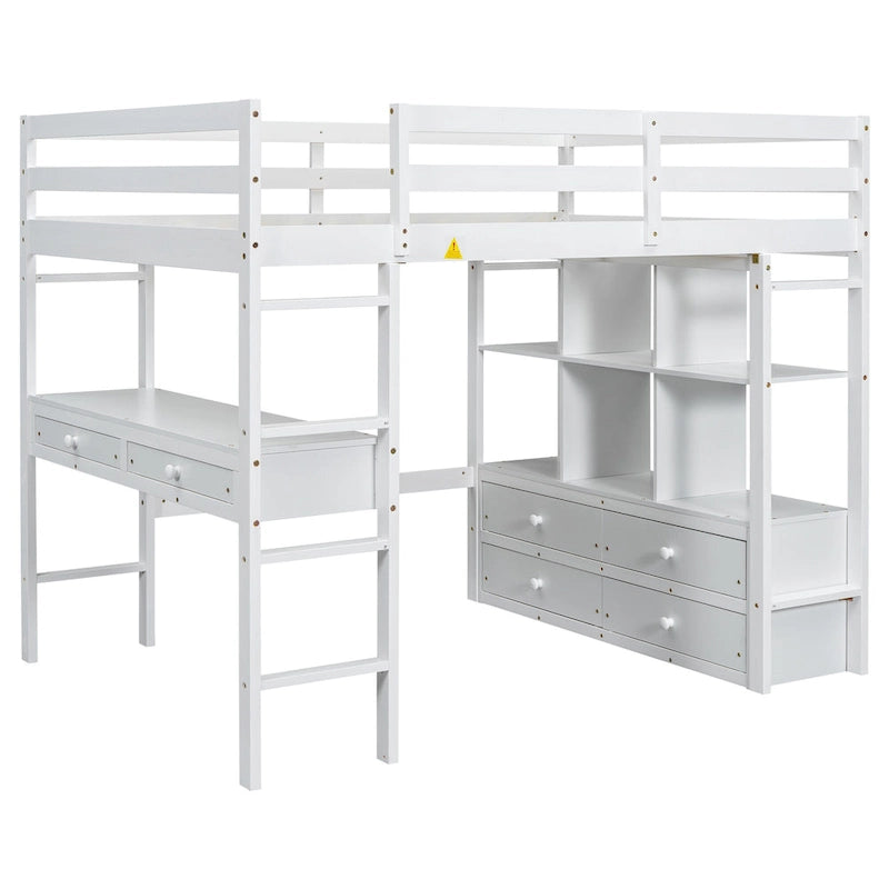 White Full Pine Wood Loft Bed with Desk, Drawers, and Storage