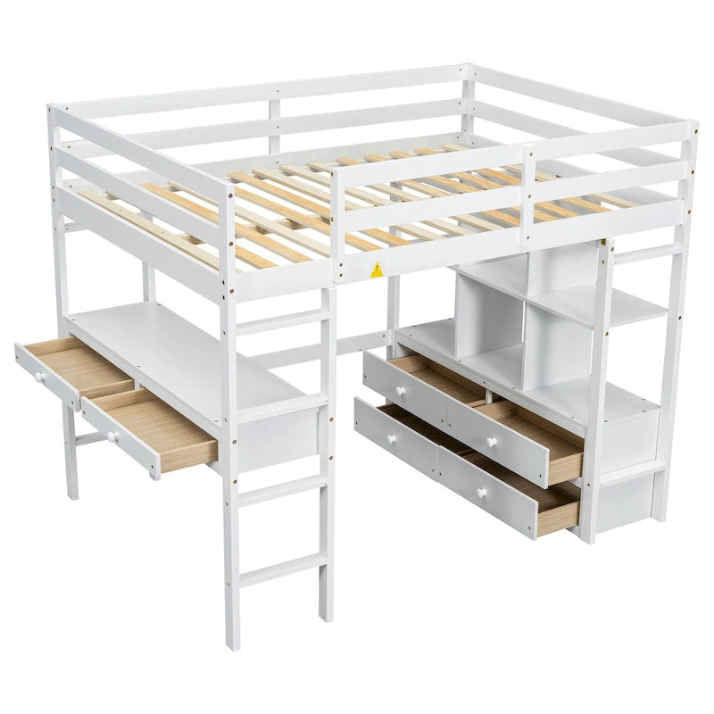 White Full Pine Wood Loft Bed with Desk, Drawers, and Storage