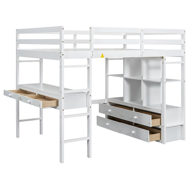 White Full Pine Wood Loft Bed with Desk, Drawers, and Storage
