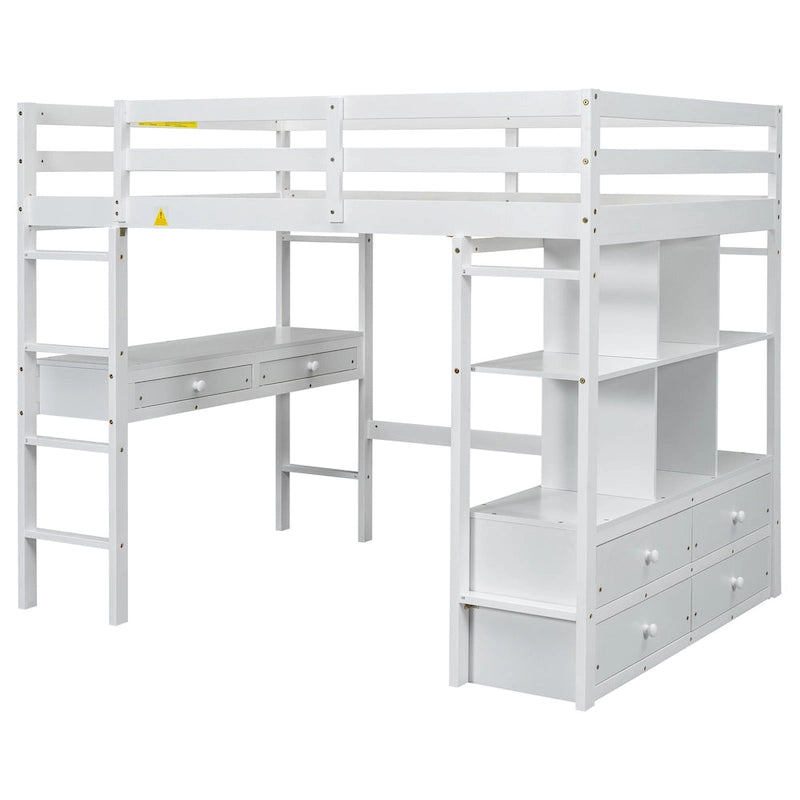 White Full Pine Wood Loft Bed with Desk, Drawers, and Storage