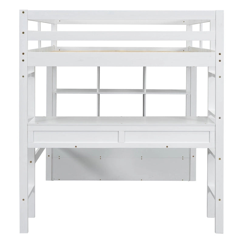 White Full Pine Wood Loft Bed with Desk, Drawers, and Storage