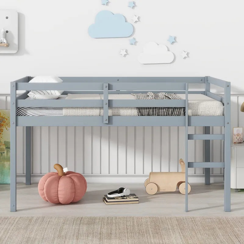 Grey Twin Rubber Wood Loft Bed with Strengthened Slats, Low Height
