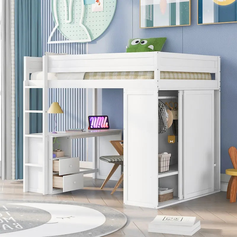 Pine Loft Bed with Wardrobes and Desk