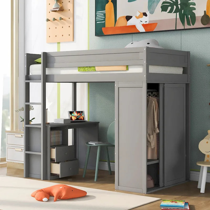 Pine Loft Bed with Wardrobes and Desk