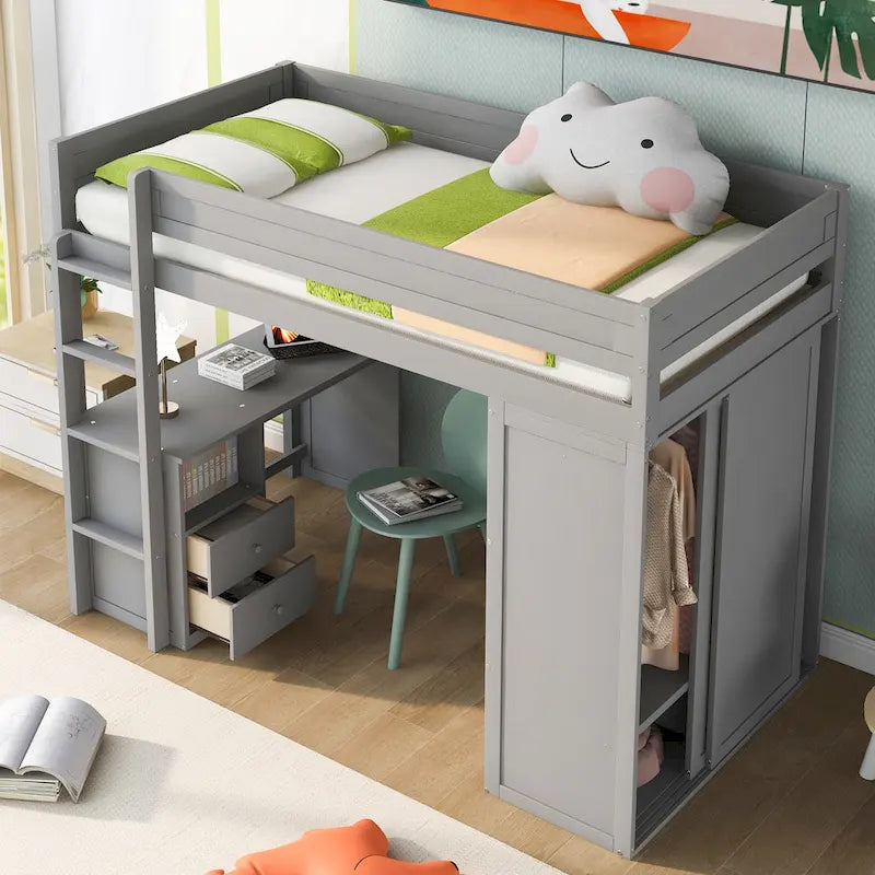 Pine Loft Bed with Wardrobes and Desk