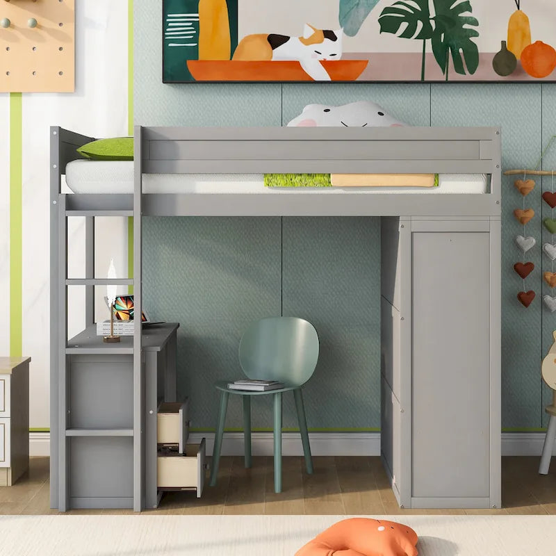 Pine Loft Bed with Wardrobes and Desk