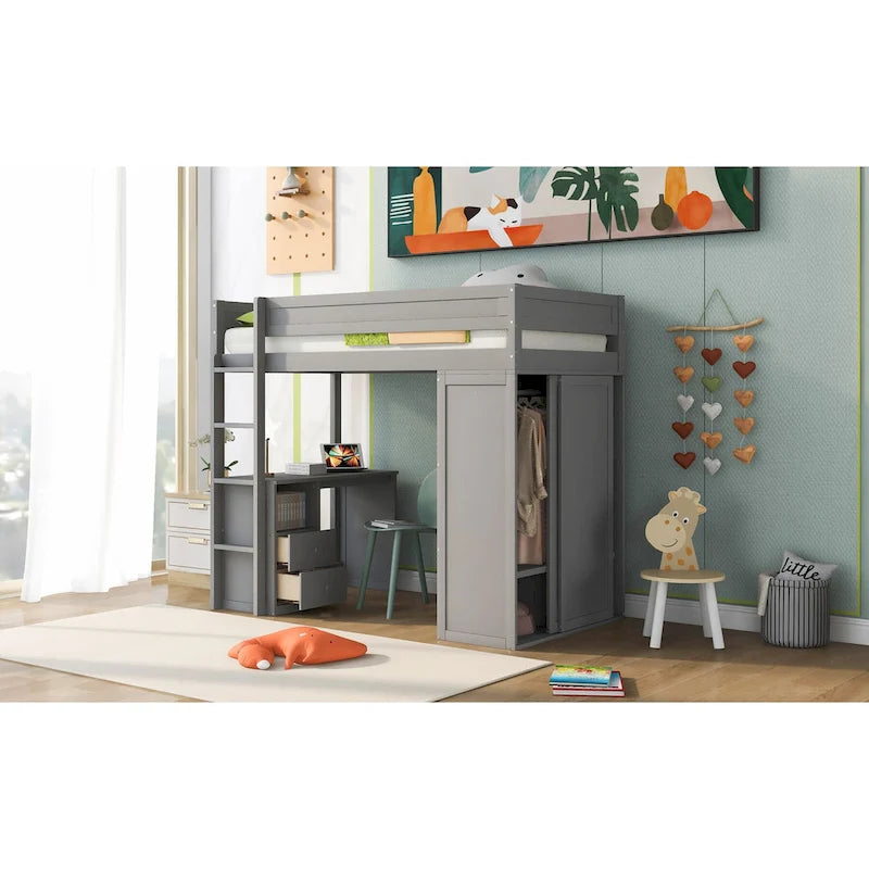 Pine Loft Bed with Wardrobes and Desk
