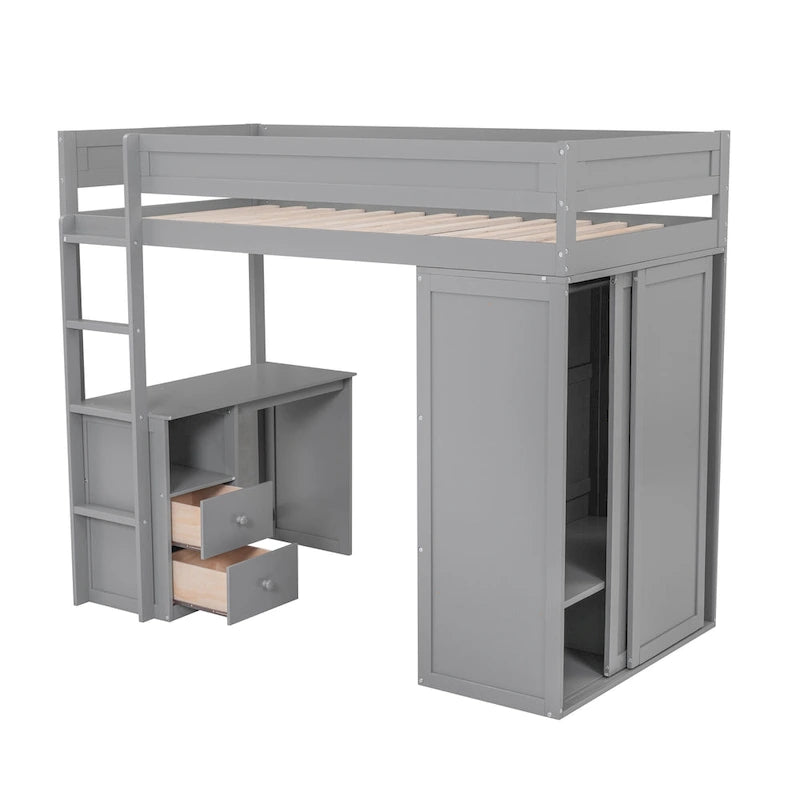 Pine Loft Bed with Wardrobes and Desk