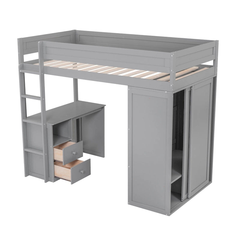 Pine Loft Bed with Wardrobes and Desk