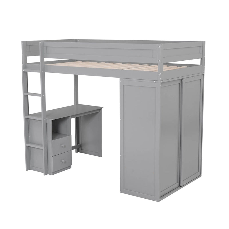 Pine Loft Bed with Wardrobes and Desk