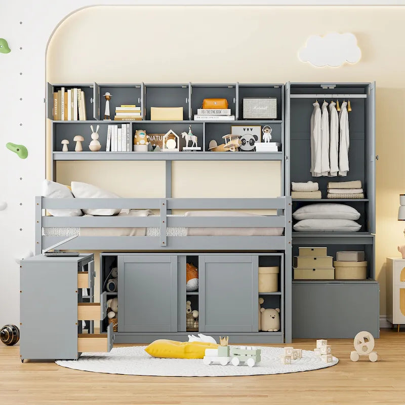 Wood Loft Bed with Integrated Wardrobe and Desk