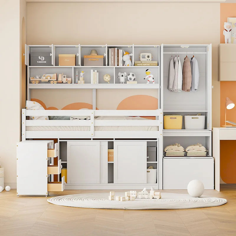 Wood Loft Bed with Integrated Wardrobe and Desk
