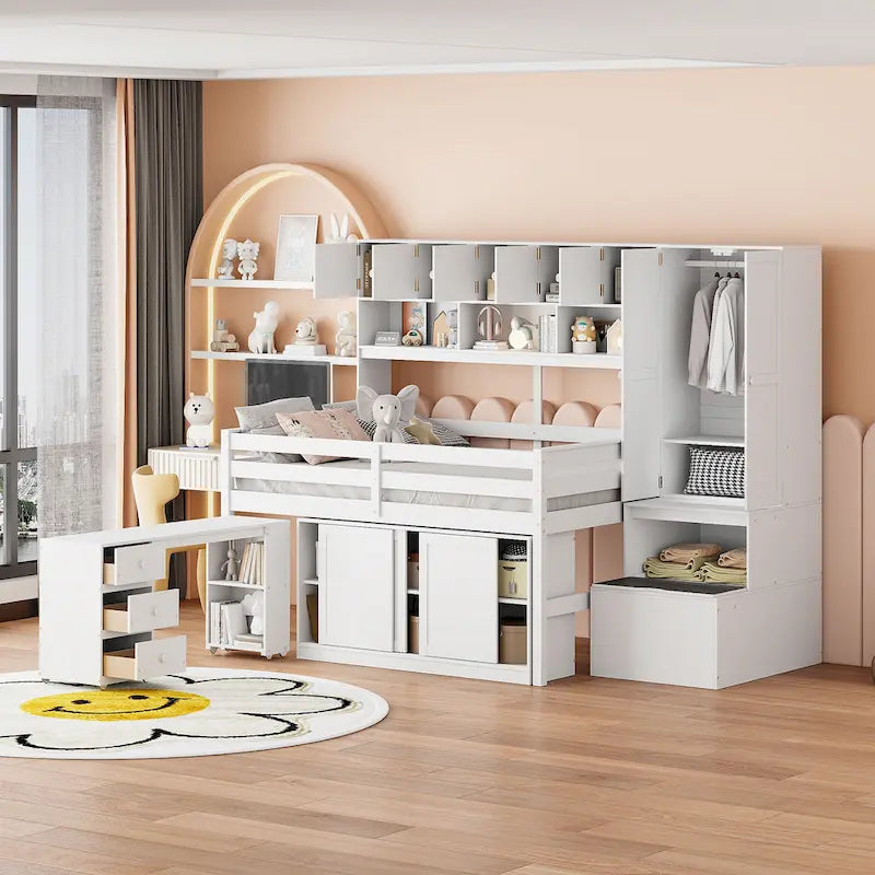 Wooden Loft Bed with Integrated Wardrobe & Desk