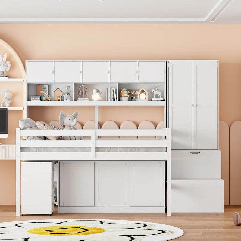Wood Loft Bed with Integrated Wardrobe and Desk