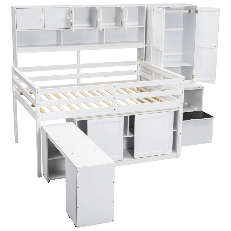Wood Loft Bed with Integrated Wardrobe and Desk