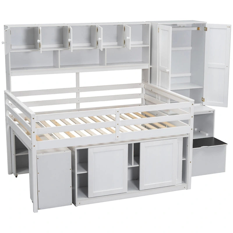 Wood Loft Bed with Integrated Wardrobe and Desk