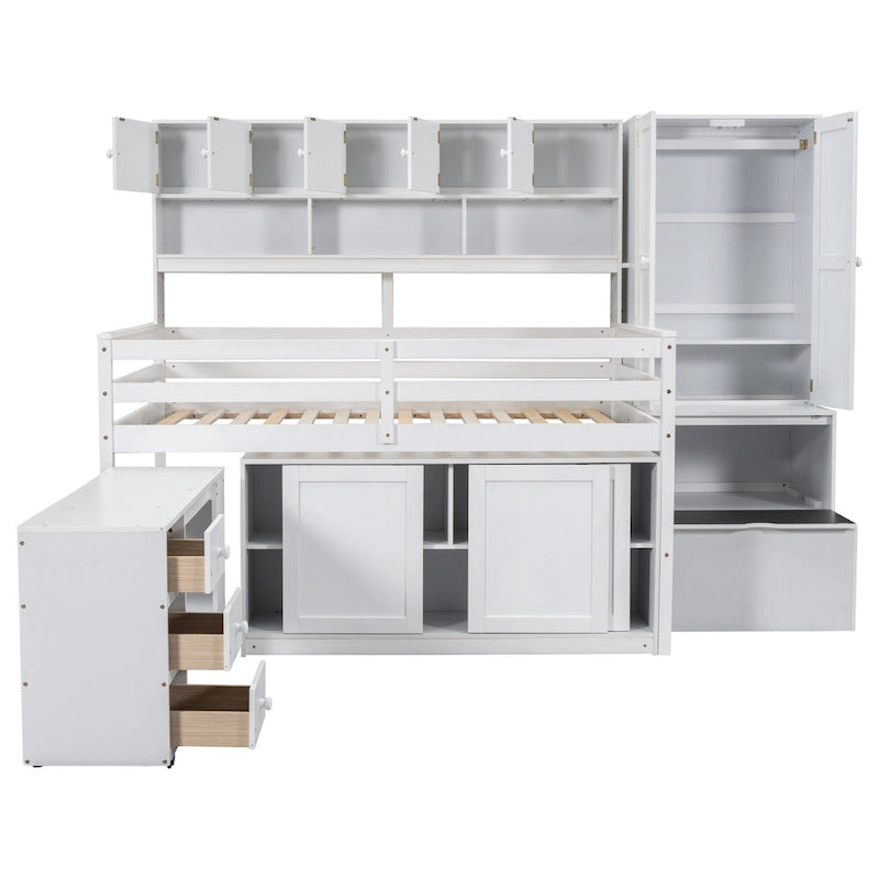 Wood Loft Bed with Integrated Wardrobe and Desk