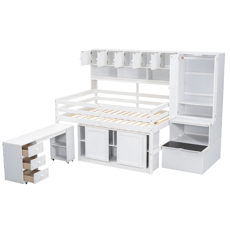 Wood Loft Bed with Integrated Wardrobe and Desk