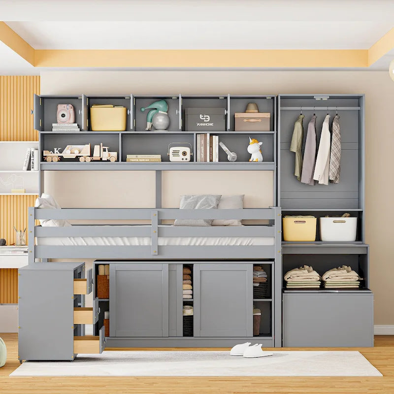 Wood Loft Bed with Integrated Wardrobe and Desk