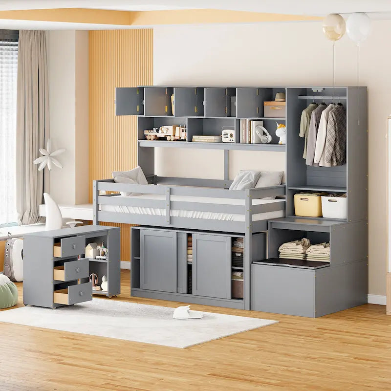 Wood Loft Bed with Integrated Wardrobe and Desk