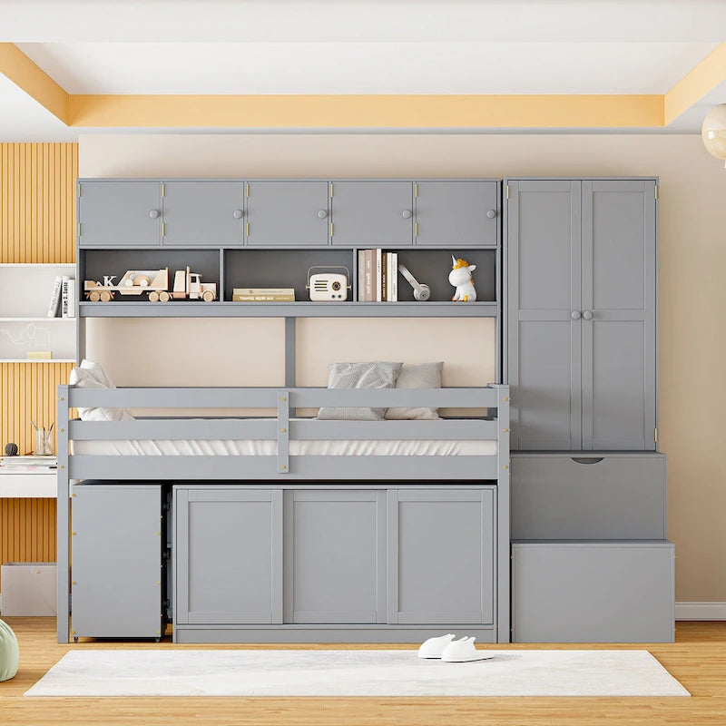 Wood Loft Bed with Integrated Wardrobe and Desk